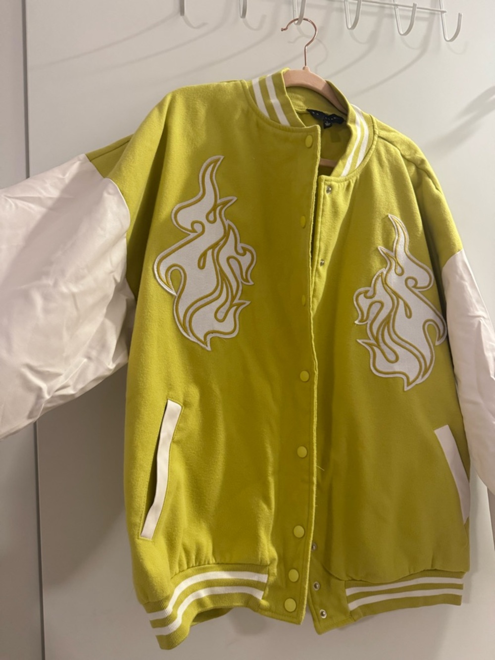 No Vacancy Varsity Jacket in Lime Yellow with White Trim